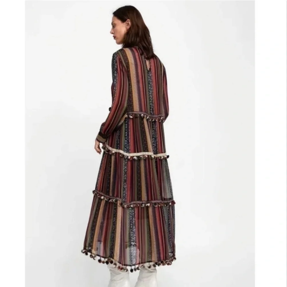 Zara Multicolor Pom Pom Trim Tiered Boho Maxi Dress Size Medium - Picture 6 of 16